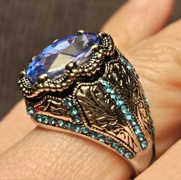 Sterling Silver Aquamarine and Turquoise Men's ring Antique Vintage Style Size 9 - Picture 2 of 6